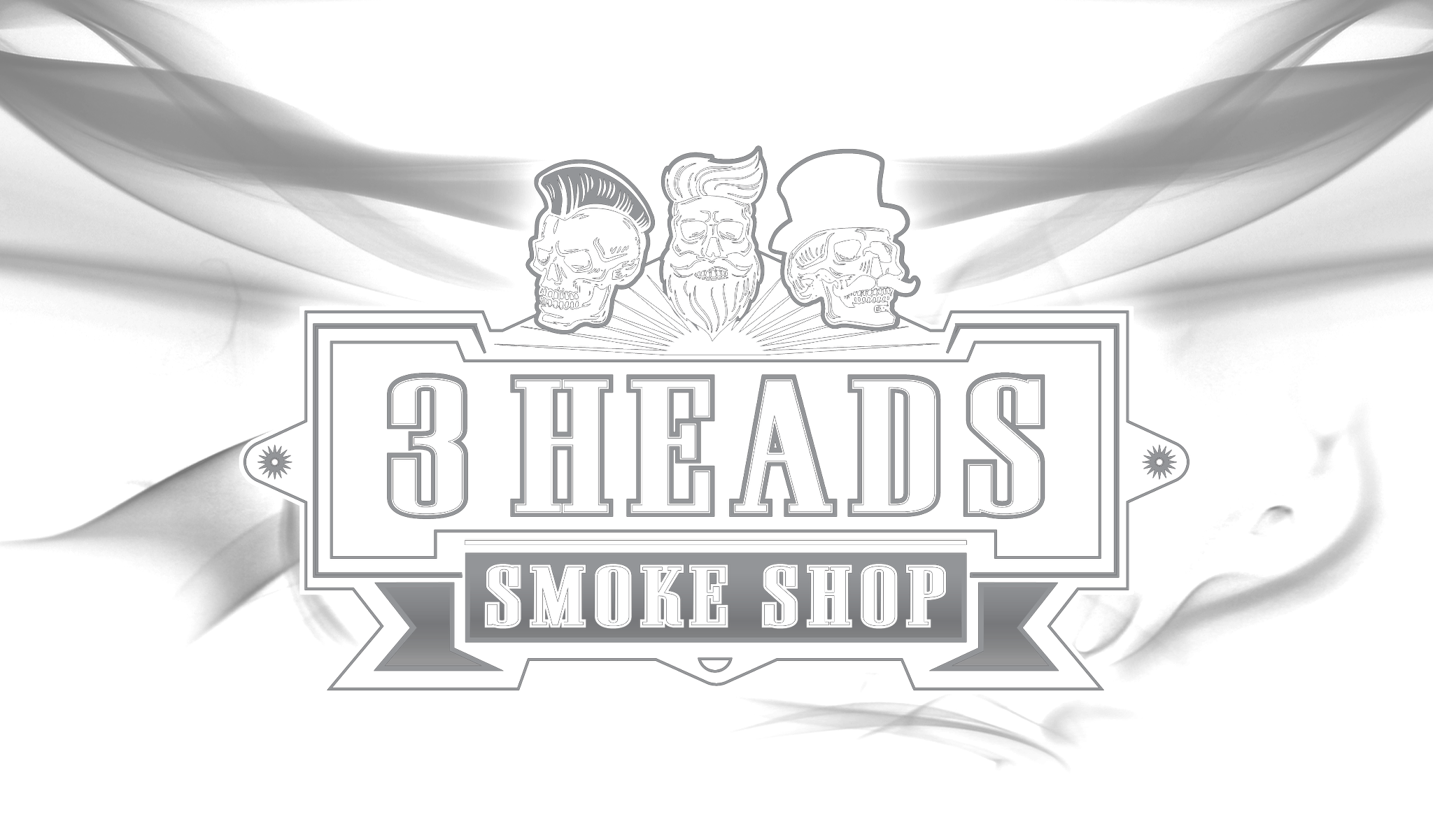 3 Heads Smoke Shop badge — three skulls over an engraved crest